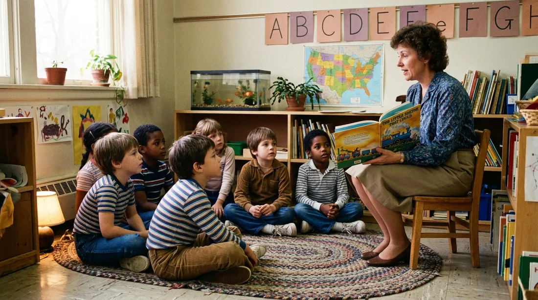 Eleanor reading The Little Engine That Could to a circle of first-graders on a braided rug