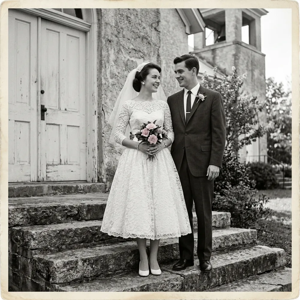 Eleanor and Raymond on the stone steps of the church on their wedding day, her bouquet the only color in the photograph