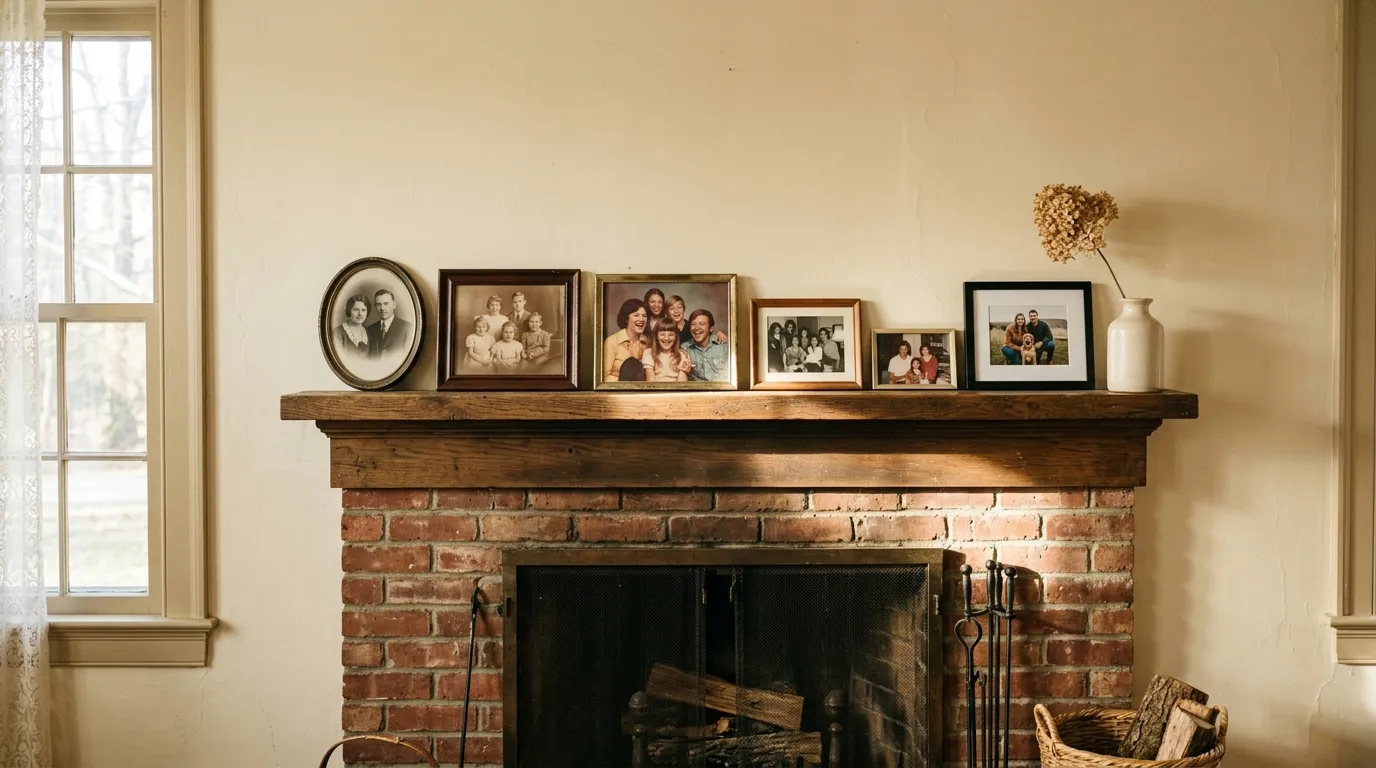 A brick fireplace mantel lined with framed family photographs, from sepia portraits to recent snapshots